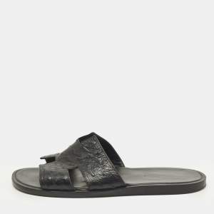 Pre Owned Hermes Izmir Size 42.5 Black Ostrich Leather Slide Sandals