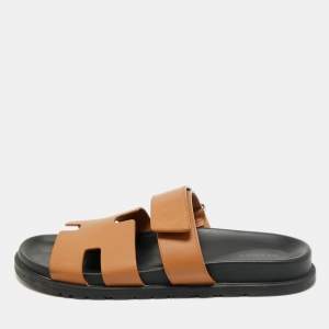 Pre Owned Hermes Chypre Size 42.5 Brown Leather Flat Sandals