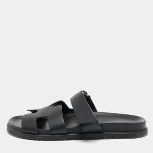 Pre Owned Hermes Chypre Size 42 Black Leather Slide Sandals