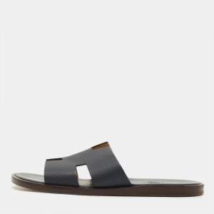 Pre Owned Hermes Izmir Size 42.5 Navy Blue Leather Slide Sandals