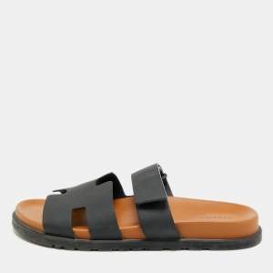 Pre Owned Hermes Chypre Size 42.5 Black Leather Slide Sandals