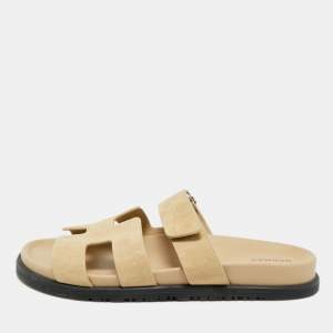 Pre Owned Hermes Chypre Size 40 Beige Suede Flat Slide