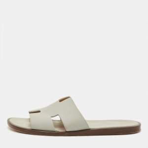 Pre Owned Hermes Izmir Size 42 Grey Leather Flat Slides