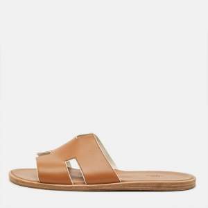 مملوكة مسبقًا Hermes Izmir Size 46 Brown Leather Flat Slides 