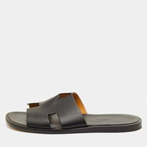 Pre Owned Hermes Izmir Size 40 Black Leather Flat Slide Sandals