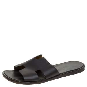 Hermes Dark Brown Leather Izmir Flat Slides Size 44
