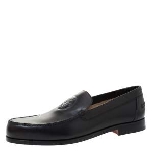 Hermes Black Logo Embossed Leather Slip On Loafers Size 41.5