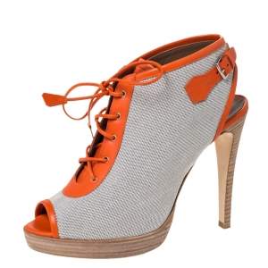 Hermes Grey Canvas And Orange Leather Trim Lace Up Peep Toe Platform Booties Size 40