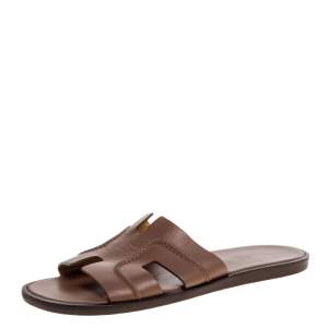 Hermes Brown Leather Izmir Flat Slides Size 42.5