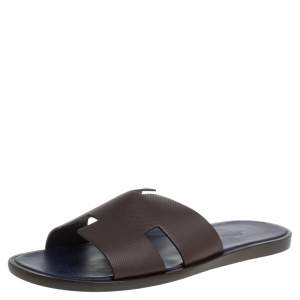 Hermes Brown/Blue Epsom Leather Izmir Flat Slides Size 43