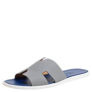 Hermes Grey/Blue Leather Izmir Slip On Sandals Size 44