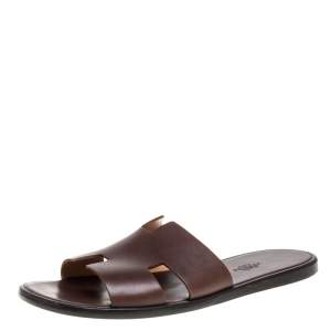 Hermes Brown Leather Izmir Flat Slides Size 42.5