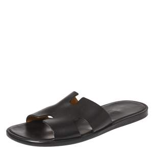 Hermes Black Leather Izmir Slide Sandals Size 42