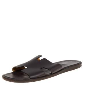 Hermes Dark Brown Leather Izmir Flat Sandals Size 40.5