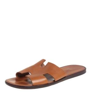 Hermes Brown Leather Izmir Flat Slides Size 42