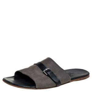 Hermes Grey/Black Suede And Leather Slide Sandals Size 41 