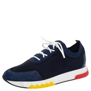 Hermes Blue/Black Knit Fabric And Suede Addict Low Top Sneakers Size 42
