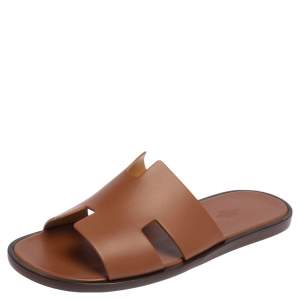Hermes Brown Leather Izmir Slides Sandals Size 43