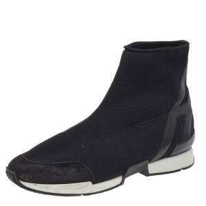 Hermes Black Knit Fabric And Leather Soft High Top Sneakers Size 40