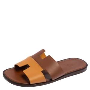 Hermes Two Tone Brown Leather Izmir Flat Slides Size 42