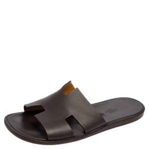Hermes Dark Brown Leather Izmir Slide Sandals Size 43.5