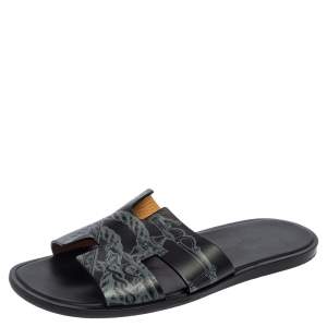 Hermes Black Ferronnerie Print Leather Izmir Flat Sandals Size 45