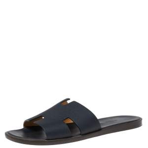 Hermés Dark Blue Leather Izmir Flat Slides Size 42.5