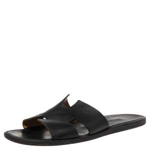 Hermes Black Leather Izmir Slide Sandals Size 40.5