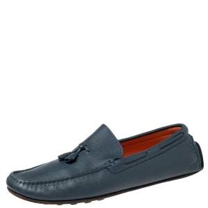 Hermes Navy Blue Leather Bow Detail Driver Loafers Size 41.5 