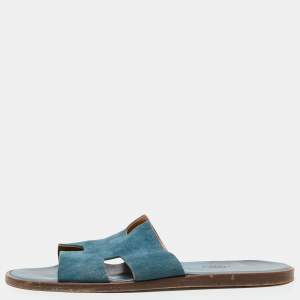 Hermes Blue Suede Izmir Flat Slides Size 44