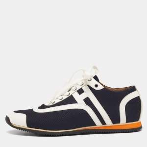 Hermes Navy Blue/White Leather And Canvas Tie Break Low Top Sneakers Size 41 