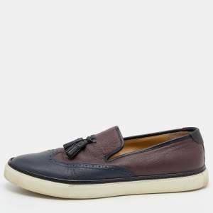 Hermes Blue/Burgundy Brogue Leather Must Tassel Slip On Sneakers Size 44