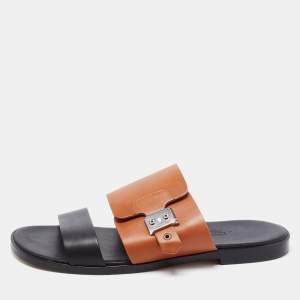 Hermes Brown/Black Leather Ionie Flat Slide Sandals Size 40.5