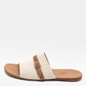 Hermes Cream/Brown Canvas And Leather Flat Sandals Size 41