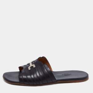 Hermes Black Leather Slide  Sandals Size 41
