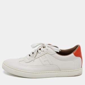 Hermes White/Orange Leather Quicker Low-Top Sneakers Size 41.5