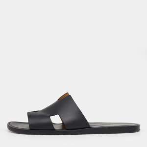 Hermes Black Leather Izmir Flat Slides Size 43