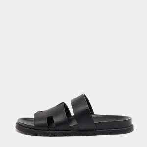 Hermes Black Leather Chypre Sandals Size 43 