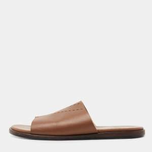 Hermes Brown Leather Izmir Flat Slide Size 44 