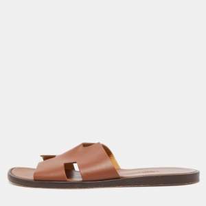 Hermes Brown Leather Izmir Slide Flats Size 41.5 