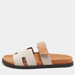 Hermes Grey/Brown Canvas Chypre Sandals Size 43