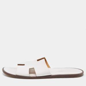 Hermes White Leather Izmir Flat Slides Size 44