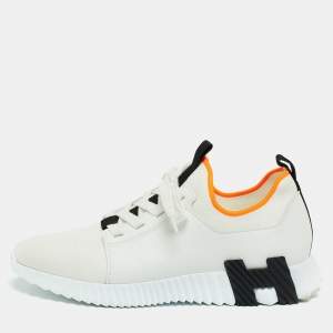 Hermes White Leather and Knit Fabric Depart Sneakers Size 42
