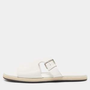 Hermes White Leather Buckle Detail Flat Slide Sandals Size 42.5