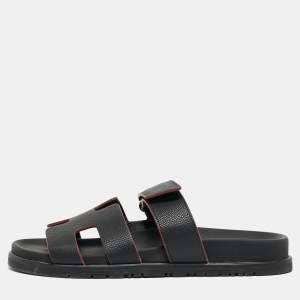 Hermes Black Leather Chypre Sandals Size 37
