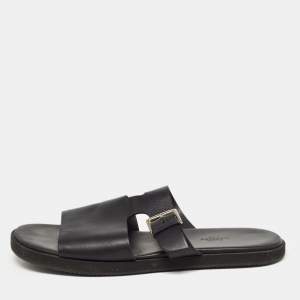 Hermes Black Leather Double Strap Slides Size 43