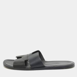 Hermes Navy Blue/Black Leather Izmir Slides Size 44