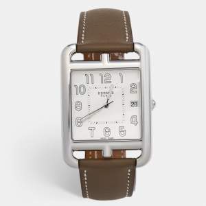 Hermes Opaline Silver Stainless Steel Leather Cape Cod W044350WW00 Men's Wristwatch 33 mm