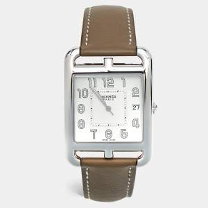 Hermes Opaline Silver Stainless Steel Leather Cape Cod W044350WW00 Men's Wristwatch 33 mm