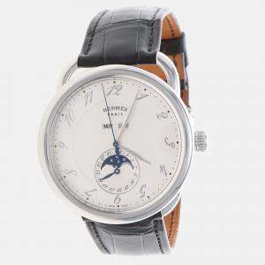 Pre Owned Hermes Arceau Grande Lune AR8.810 Automatic White Stainless Steel Men's Wristwatch 43mm